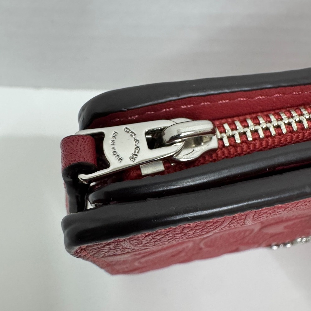 Coach Red Signature Embossed Pebble Leather Medium Corner Zip Bifold Wallet - Picture 2 of 11